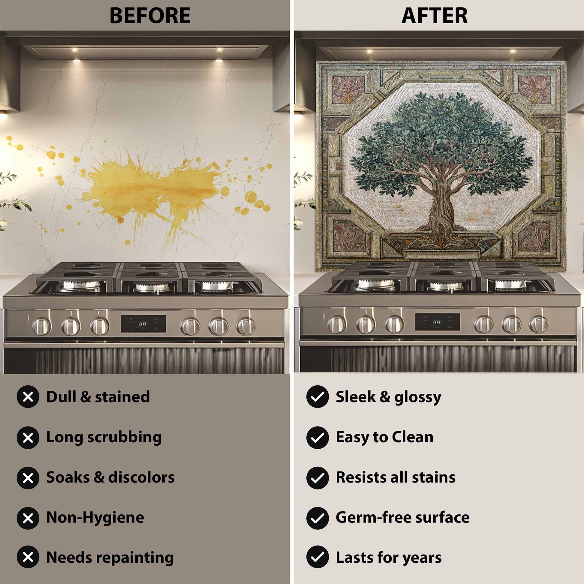 Before and after comparison of a kitchen stove with a decorative backsplash.