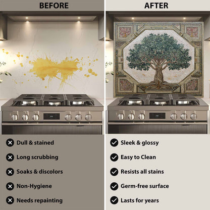 Before and after comparison of a kitchen stove with a decorative backsplash.