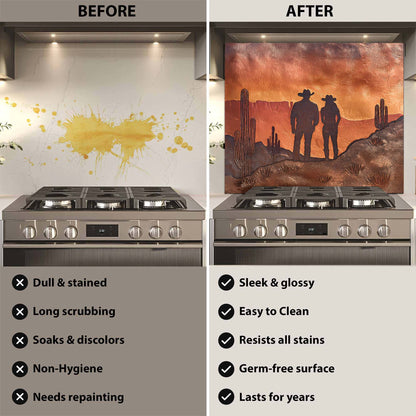 Before and after comparison of a stove with a decorative glass backsplash.