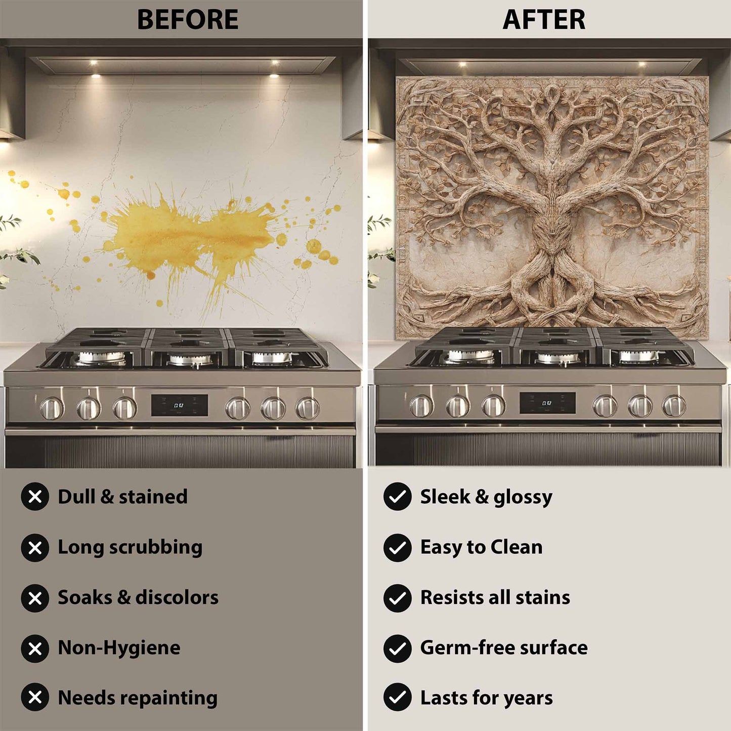 Before and after comparison of a kitchen stove with a decorative backsplash.
