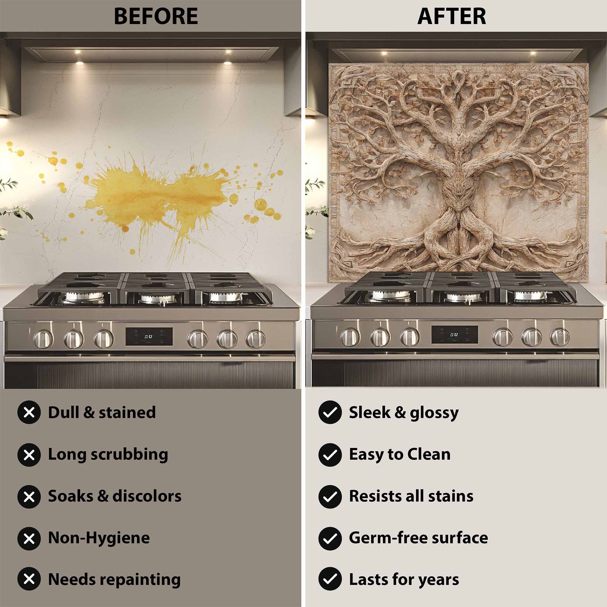 Before and after comparison of a kitchen stove with a decorative backsplash.