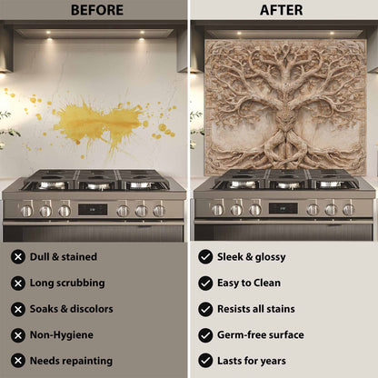 Before and after comparison of a kitchen stove with a decorative backsplash.