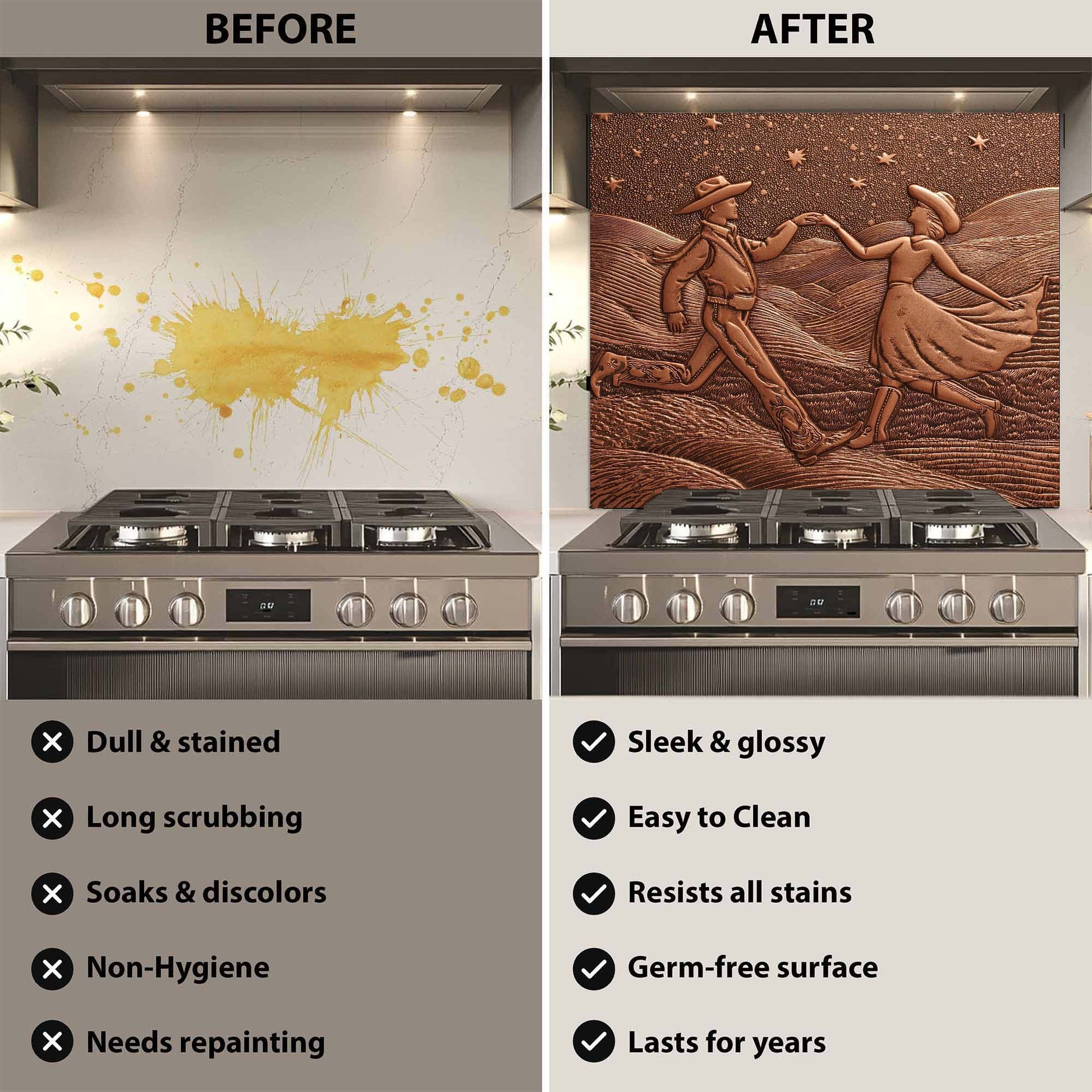 Before and after comparison of a stove with a decorative backsplash.