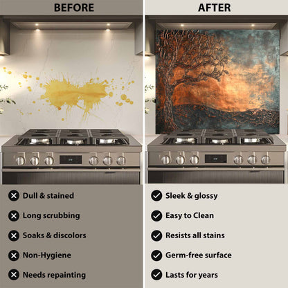 Before and after comparison of a stove with a decorative backsplash.
