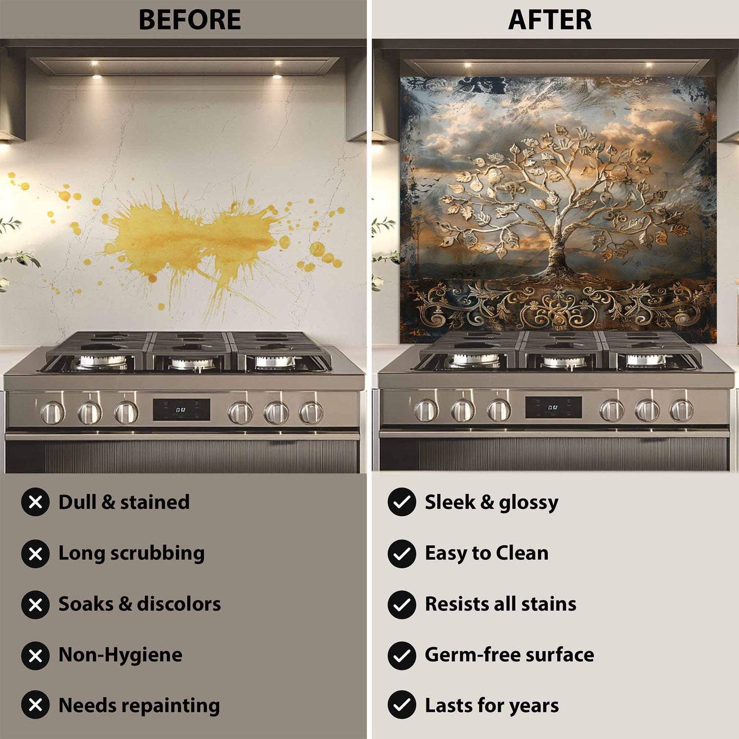 Before and after comparison of a kitchen stove with a decorative backsplash.