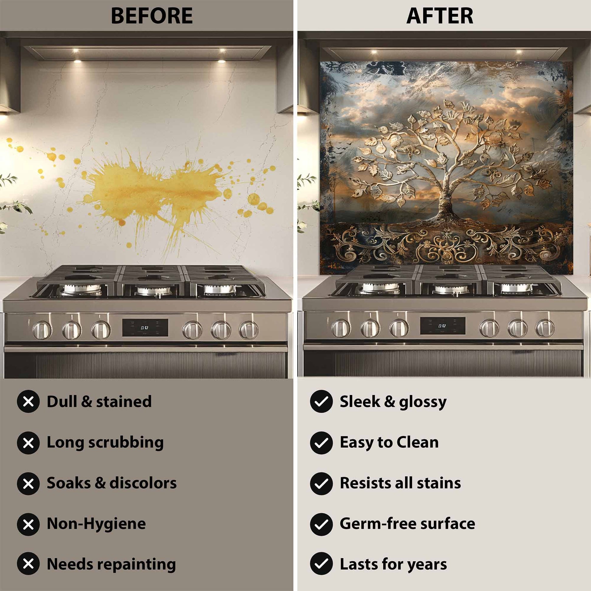 Before and after comparison of a kitchen stove with a decorative backsplash.