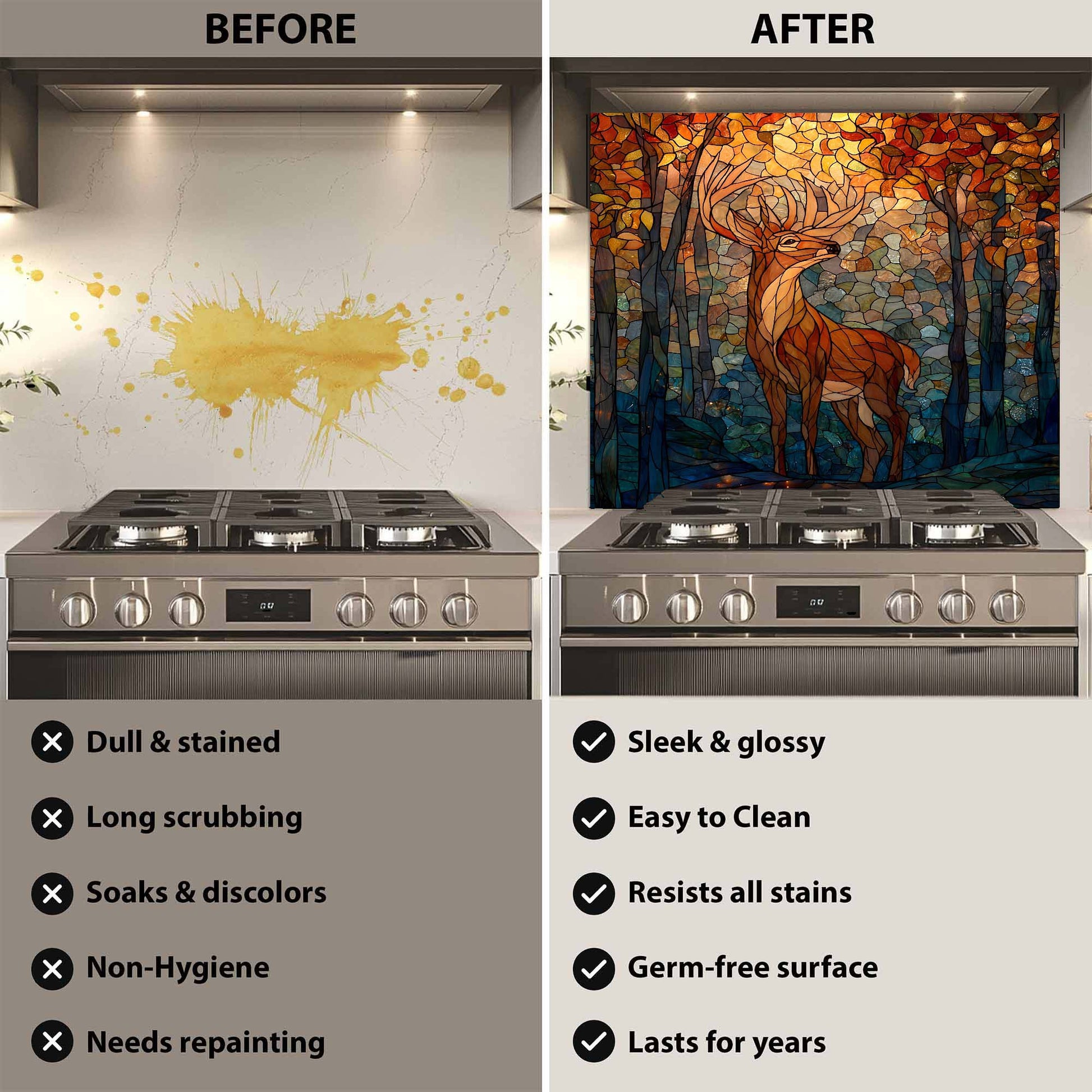 Before and after comparison of a stove with a decorative glass backsplash