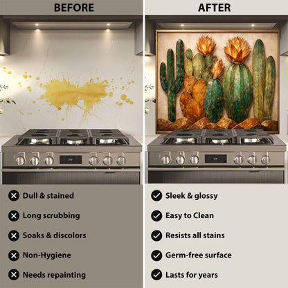 Before and after comparison of a stove with a decorative glass backsplash.