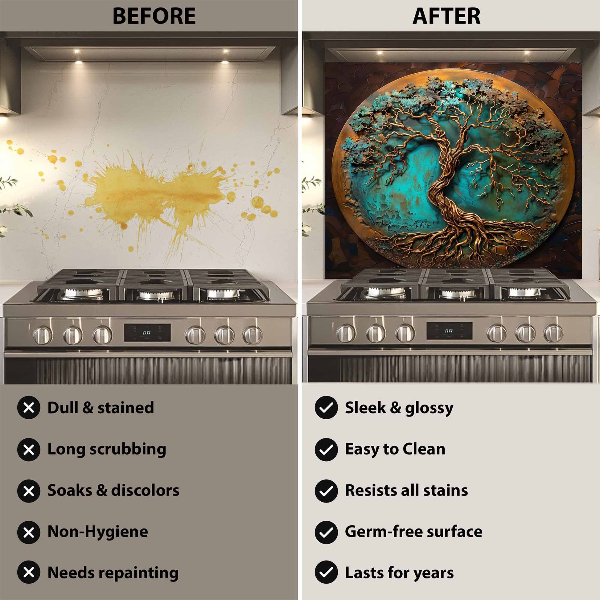 Before and after comparison of a kitchen wall with a decorative tree design.