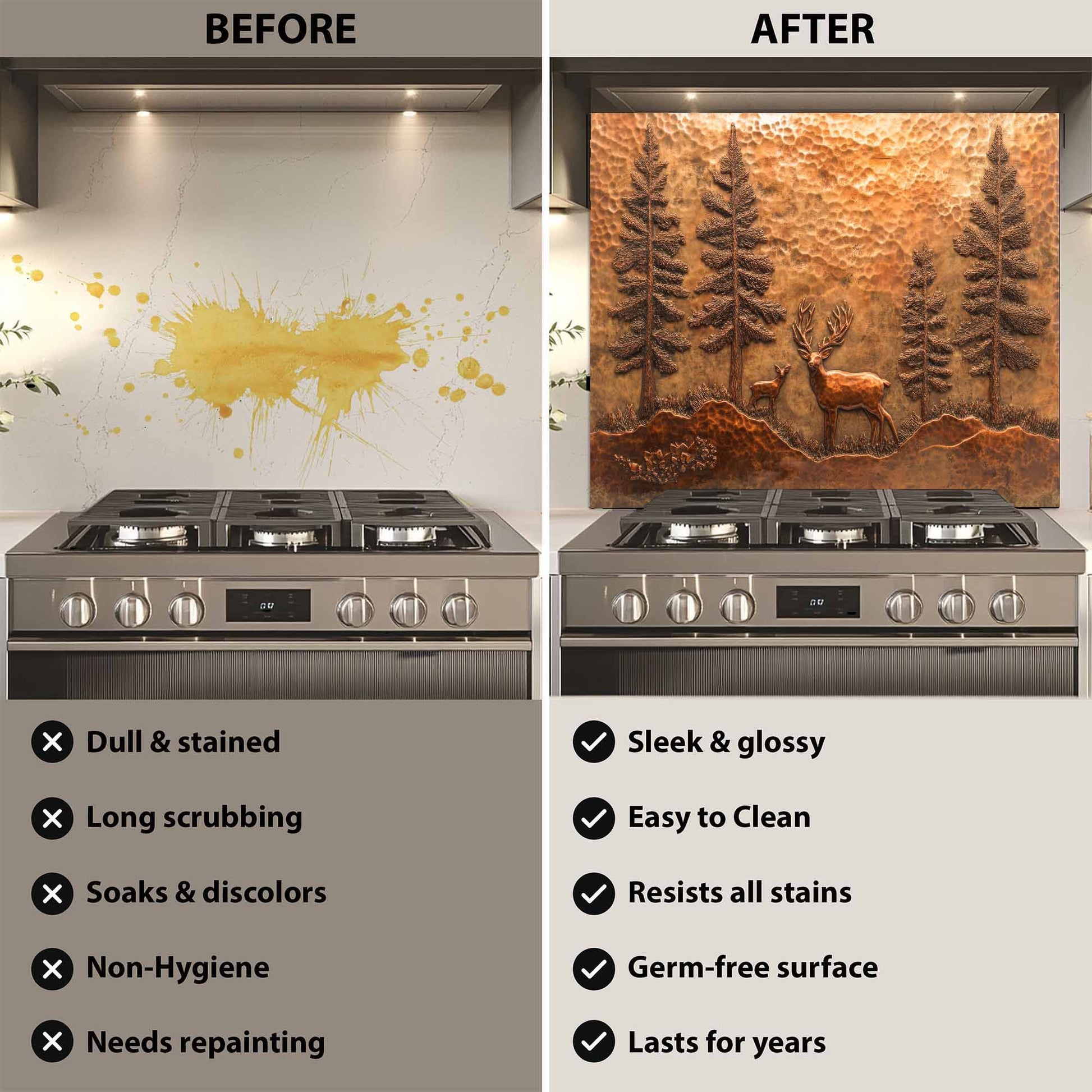 Before and after comparison of a stove with a decorative glass backsplash.
