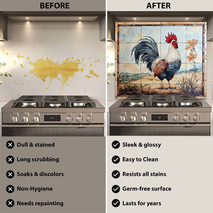 Before and after comparison of a kitchen stove with a decorative glass backsplash