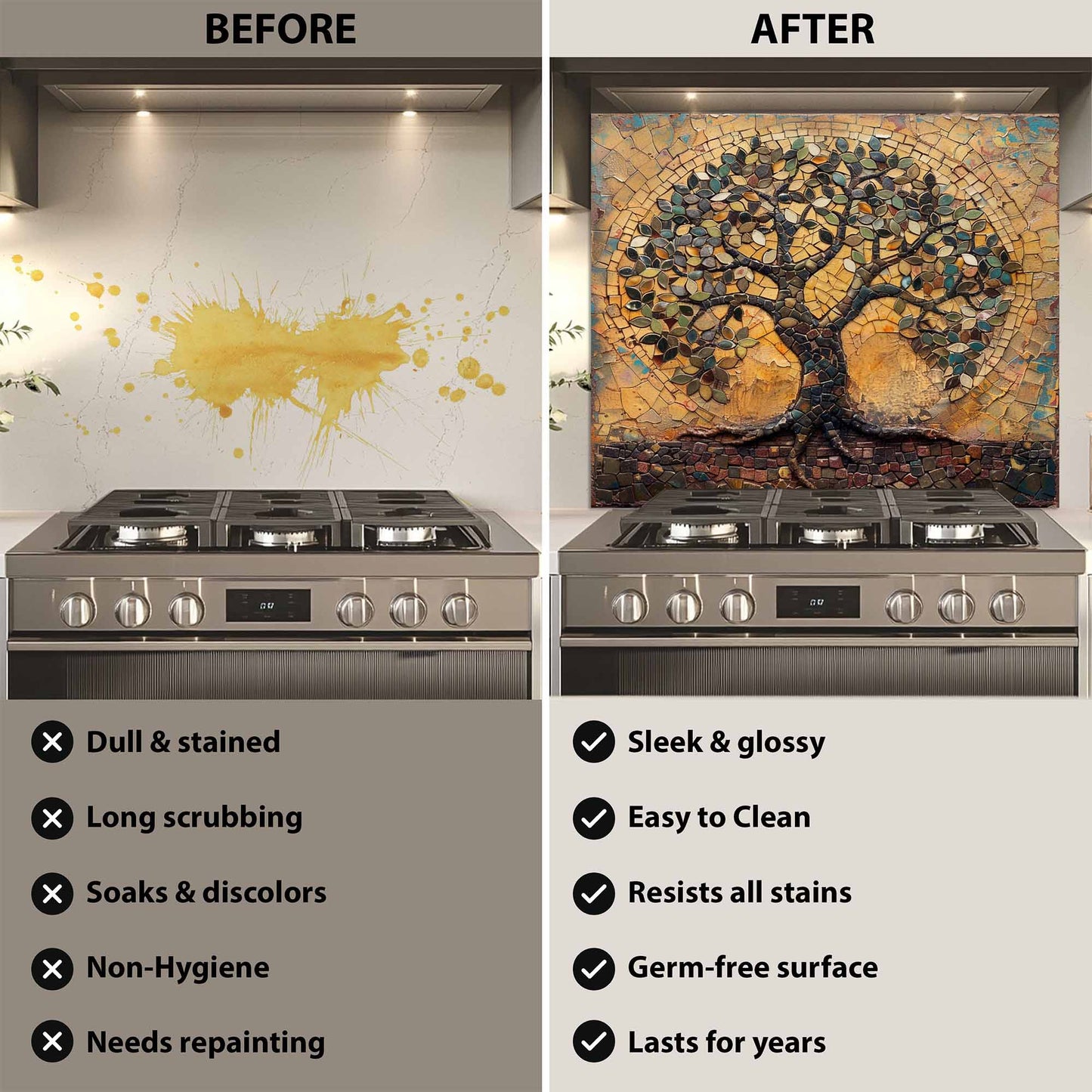 Before and after comparison of a kitchen stove with a decorative wall panel.