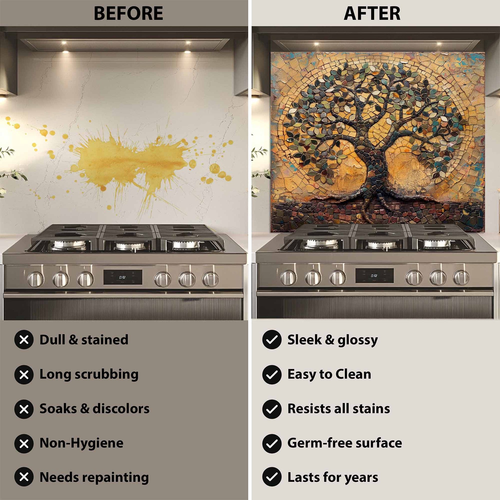 Before and after comparison of a kitchen stove with a decorative wall panel.