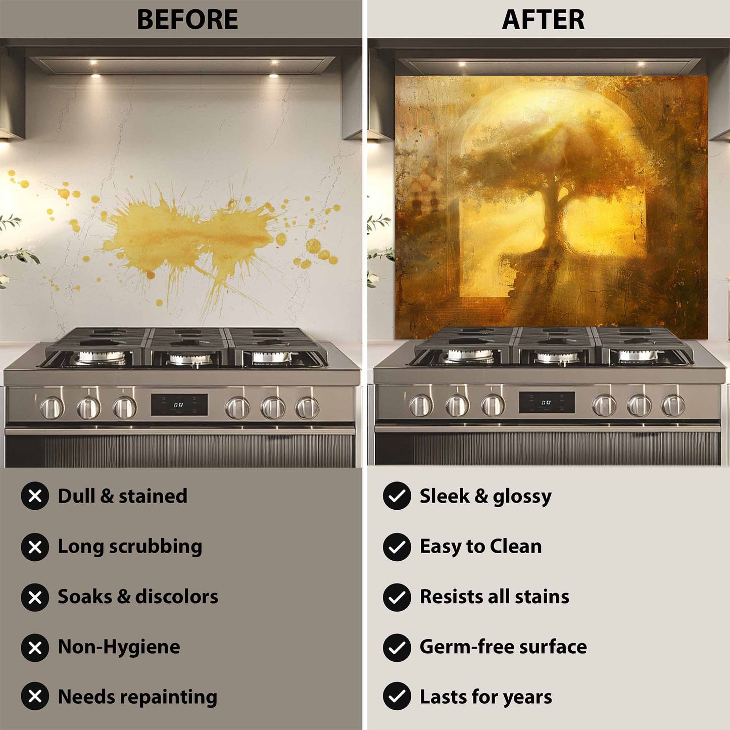 Before and after comparison of a kitchen stove with a decorative backsplash.