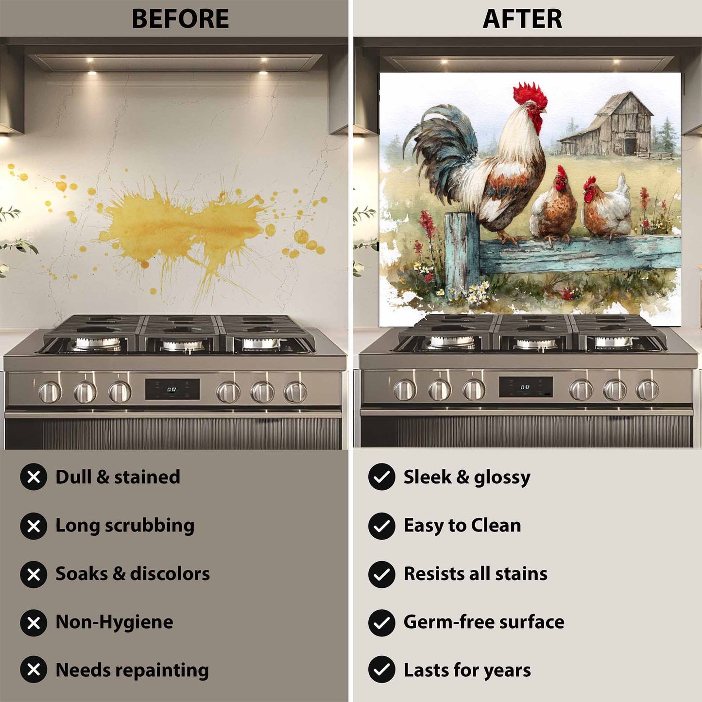 Before and after comparison of a stove with a decorative glass backsplash featuring roosters.