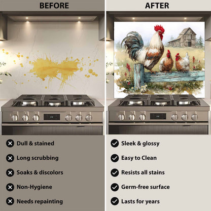 Before and after comparison of a stove with a decorative glass backsplash featuring roosters.