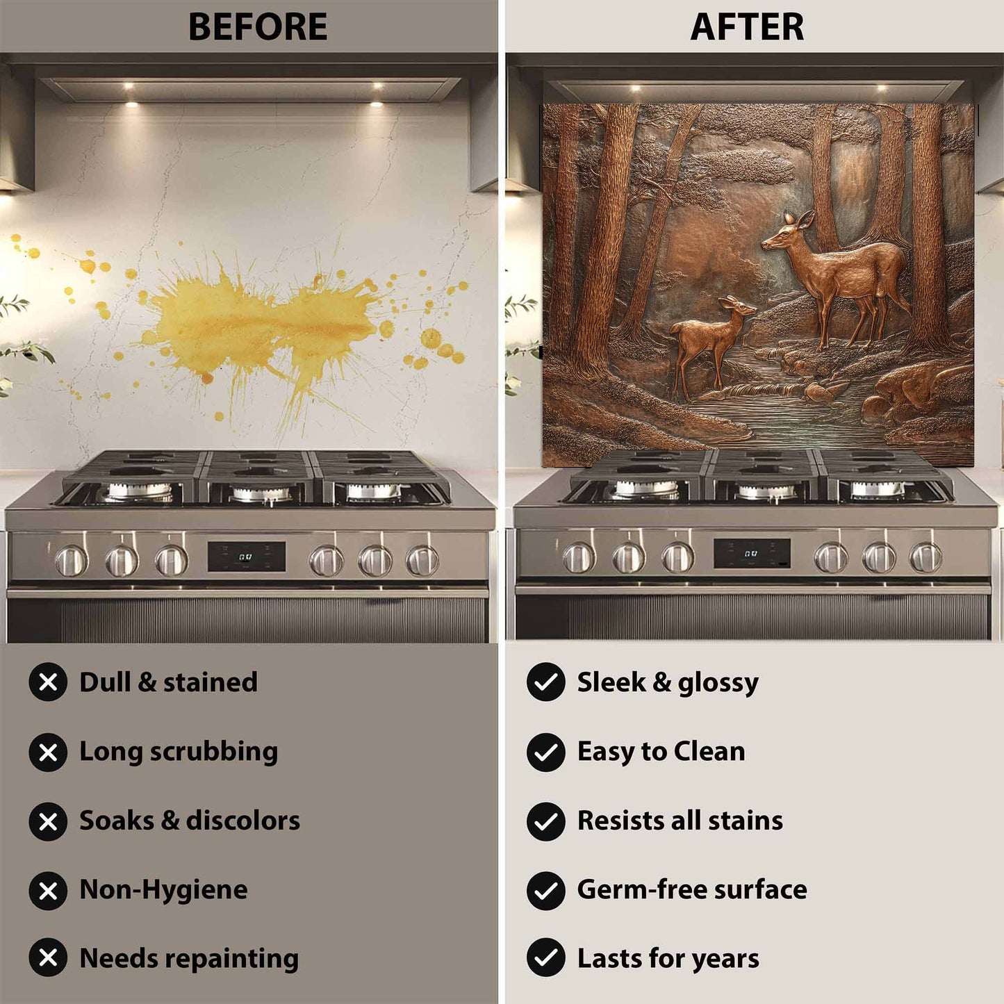 Before and after comparison of a stove with a decorative glass backsplash