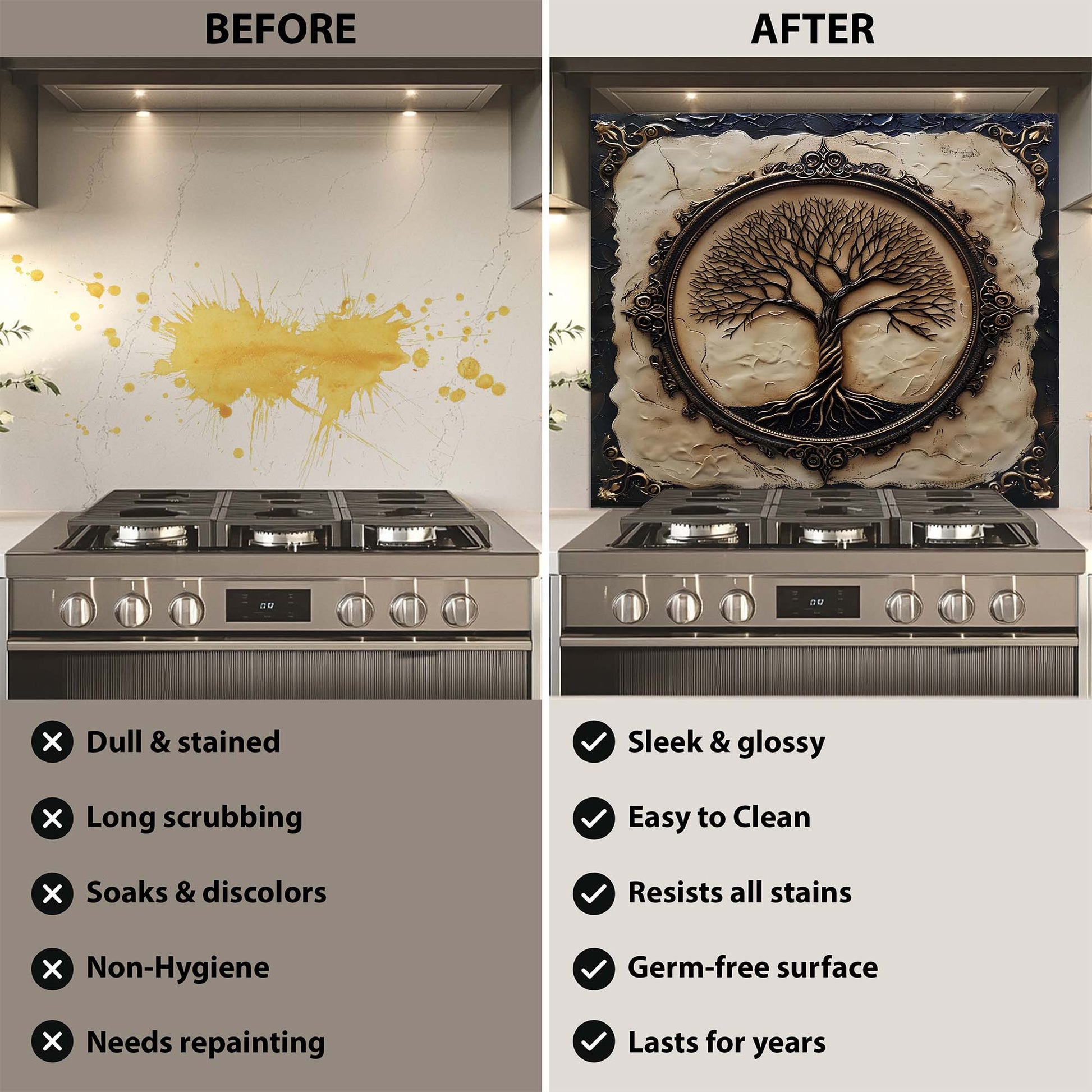 Before and after comparison of a stove with a decorative backsplash.