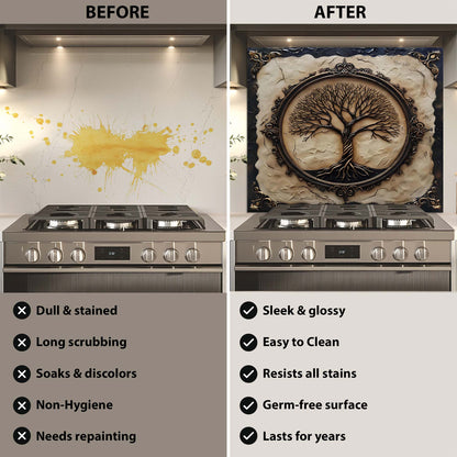 Before and after comparison of a stove with a decorative backsplash.