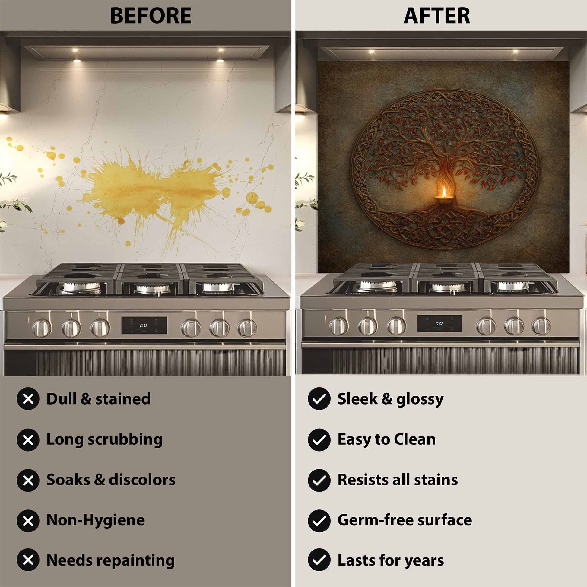 Before and after comparison of a kitchen stove with a decorative glass backsplash.