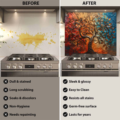 Before and after comparison of a kitchen stove with a decorative wall panel.