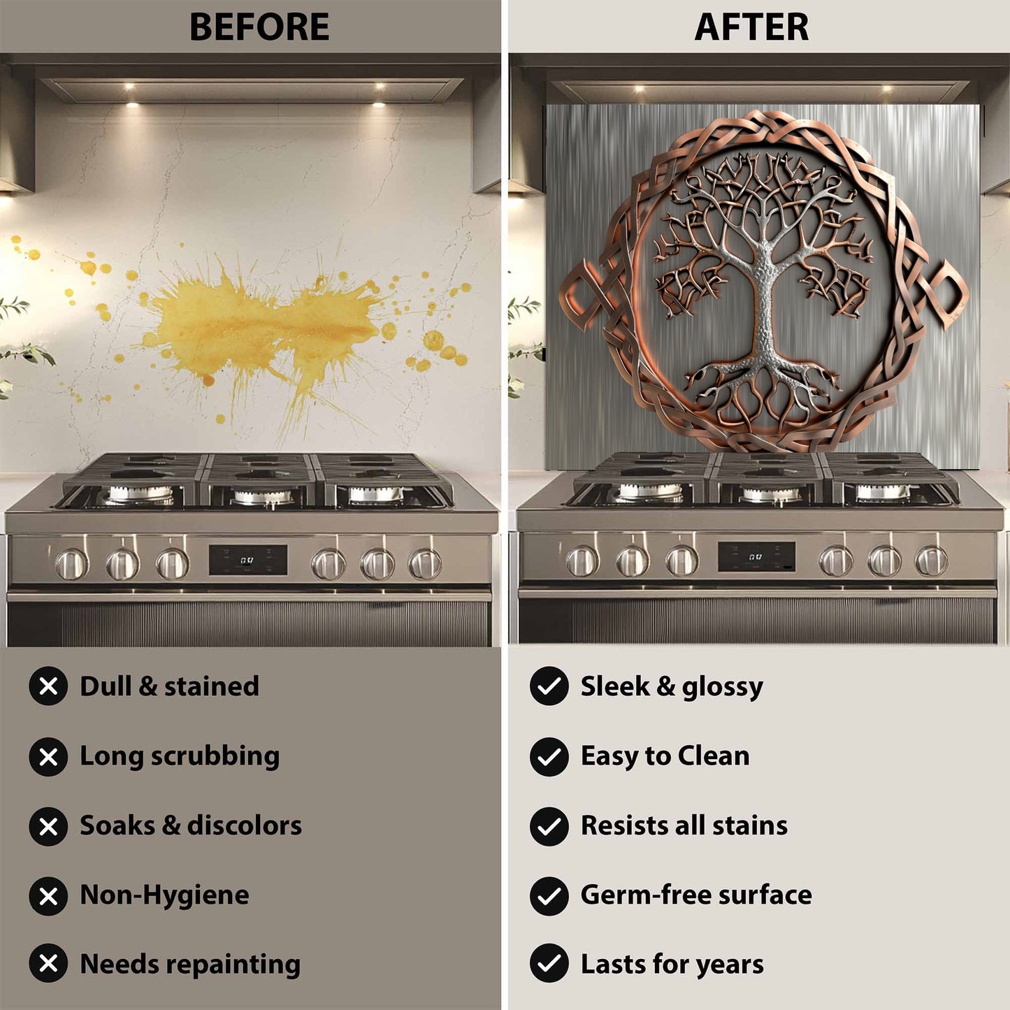 Before and after comparison of a kitchen stove with a decorative wall art installation.