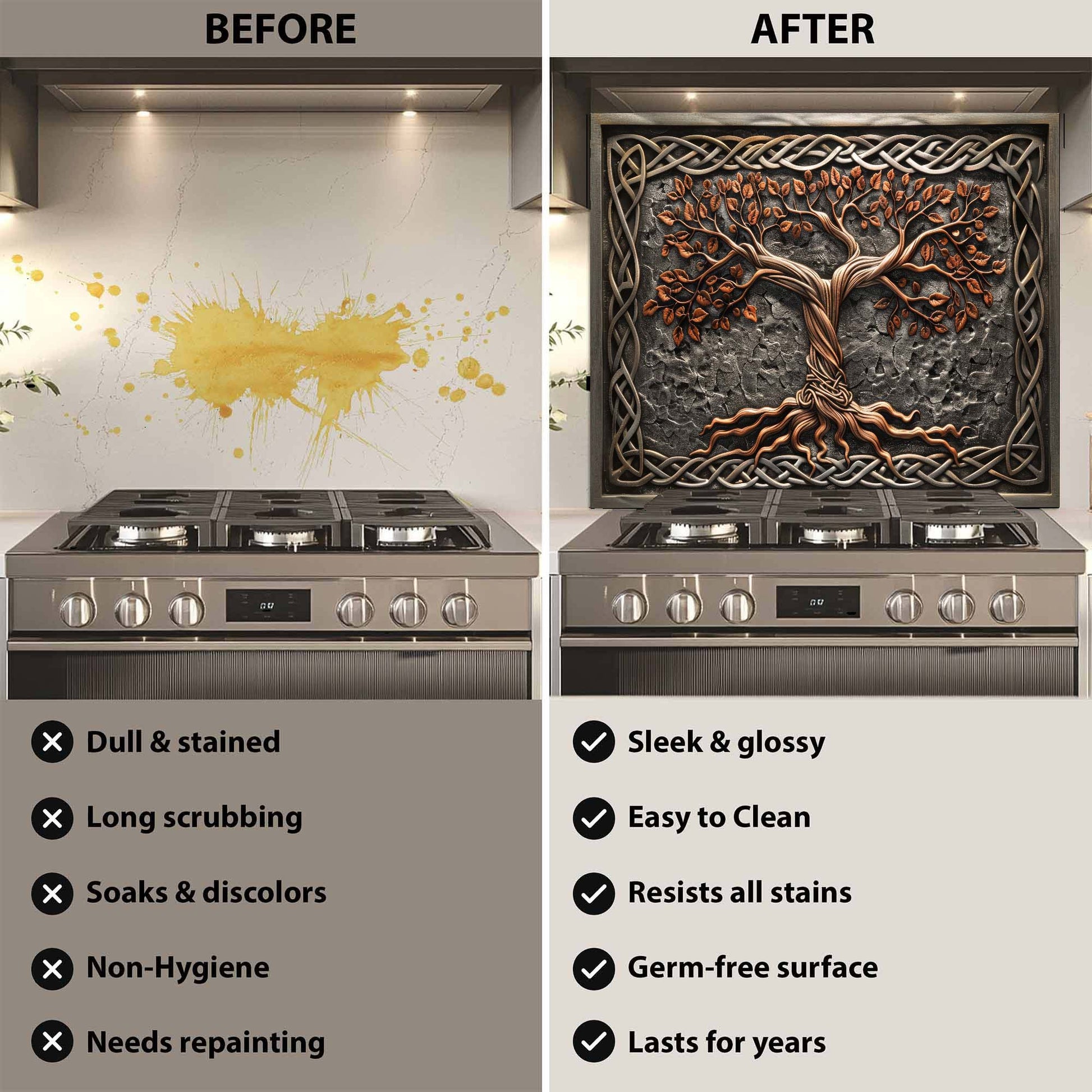 Before and after comparison of a kitchen stove with decorative glass backsplash.