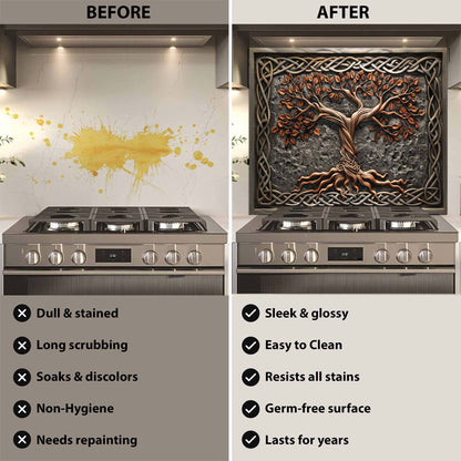 Before and after comparison of a kitchen stove with decorative glass backsplash.