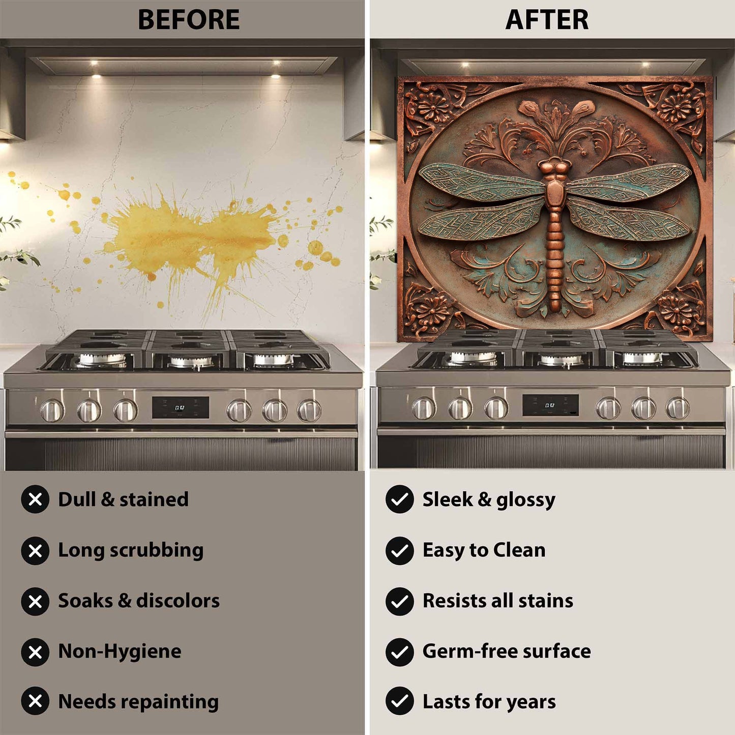 Before and after comparison of a stove with a decorative glass backsplash.