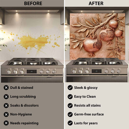 Before and after comparison of a kitchen stove with a decorative backsplash.