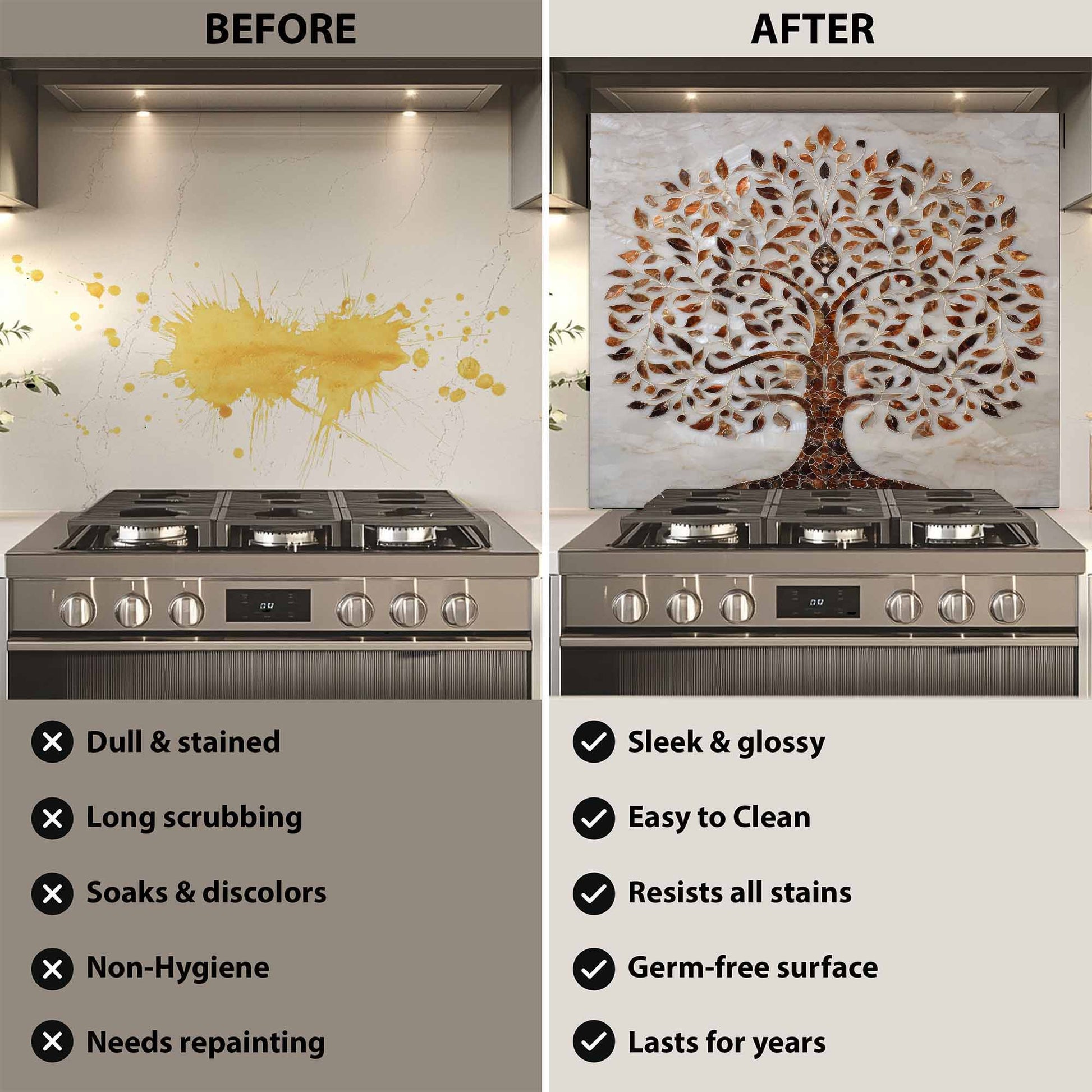 Before and after comparison of a kitchen stove with a decorative glass backsplash.