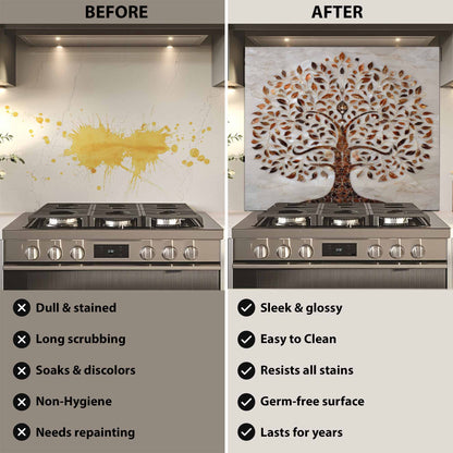 Before and after comparison of a kitchen stove with a decorative glass backsplash.