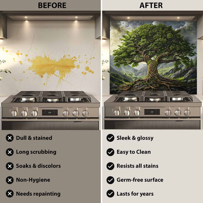 Before and after comparison of a kitchen stove with a decorative backsplash.