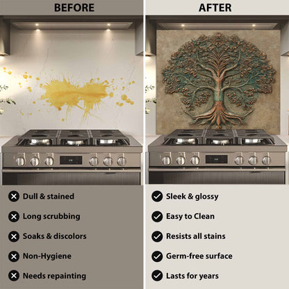 Before and after comparison of a kitchen stove with a decorative glass backsplash.