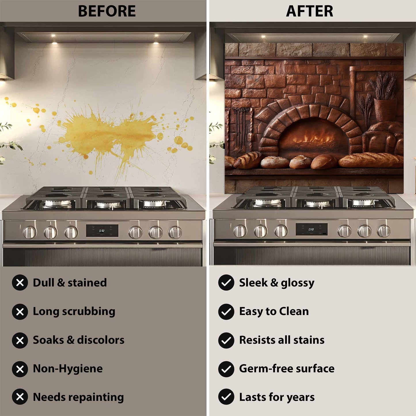 Before and after comparison of a stove with a decorative glass backsplash, showing cleaning benefits.