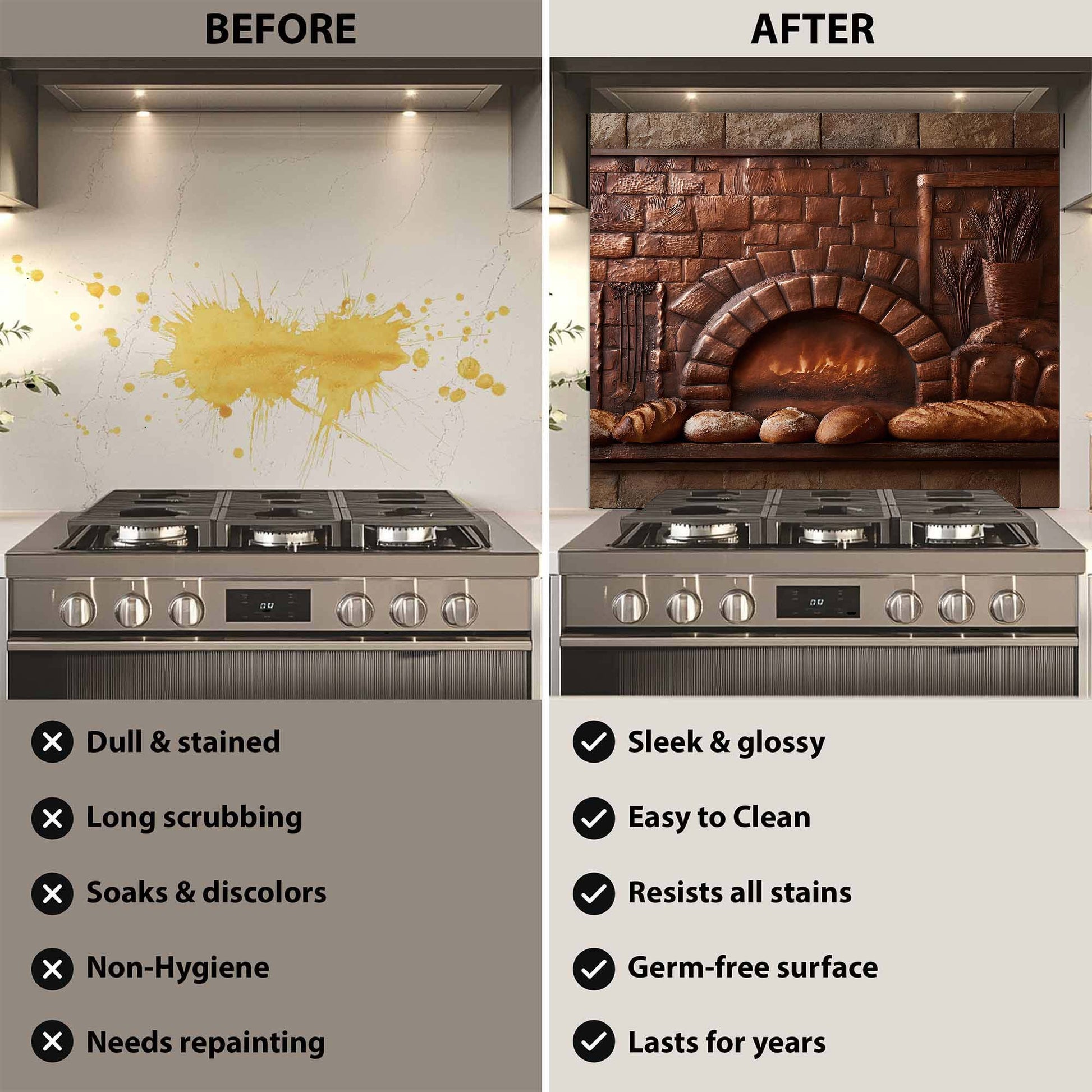 Before and after comparison of a stove with a decorative glass backsplash, showing cleaning benefits.