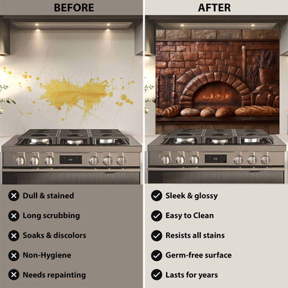 Before and after comparison of a stove with a decorative glass backsplash, showing cleaning benefits.