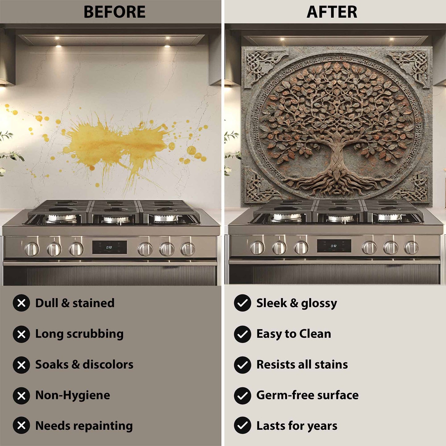 Before and after comparison of a kitchen stove with a decorative backsplash.