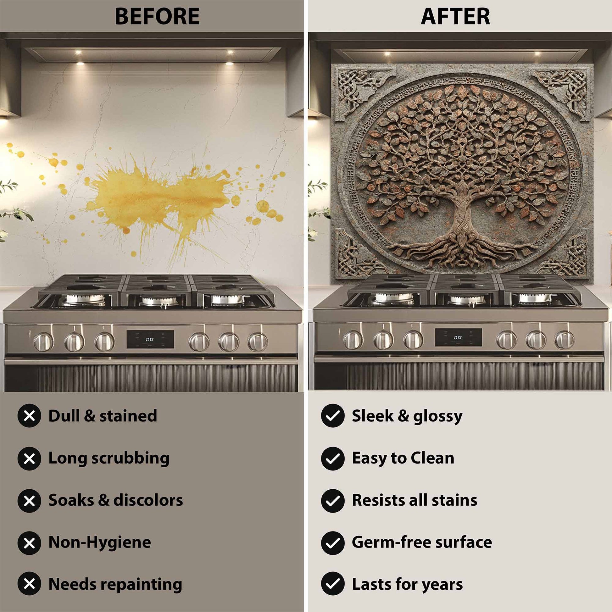 Before and after comparison of a kitchen stove with a decorative backsplash.