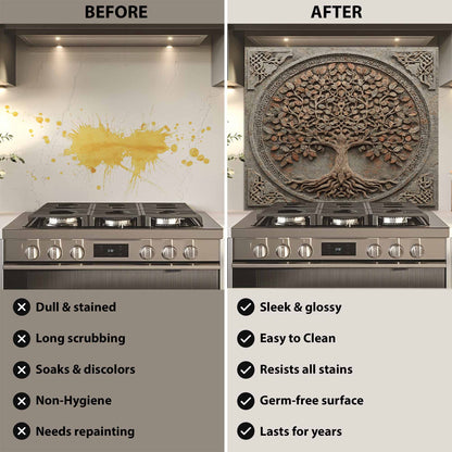 Before and after comparison of a kitchen stove with a decorative backsplash.