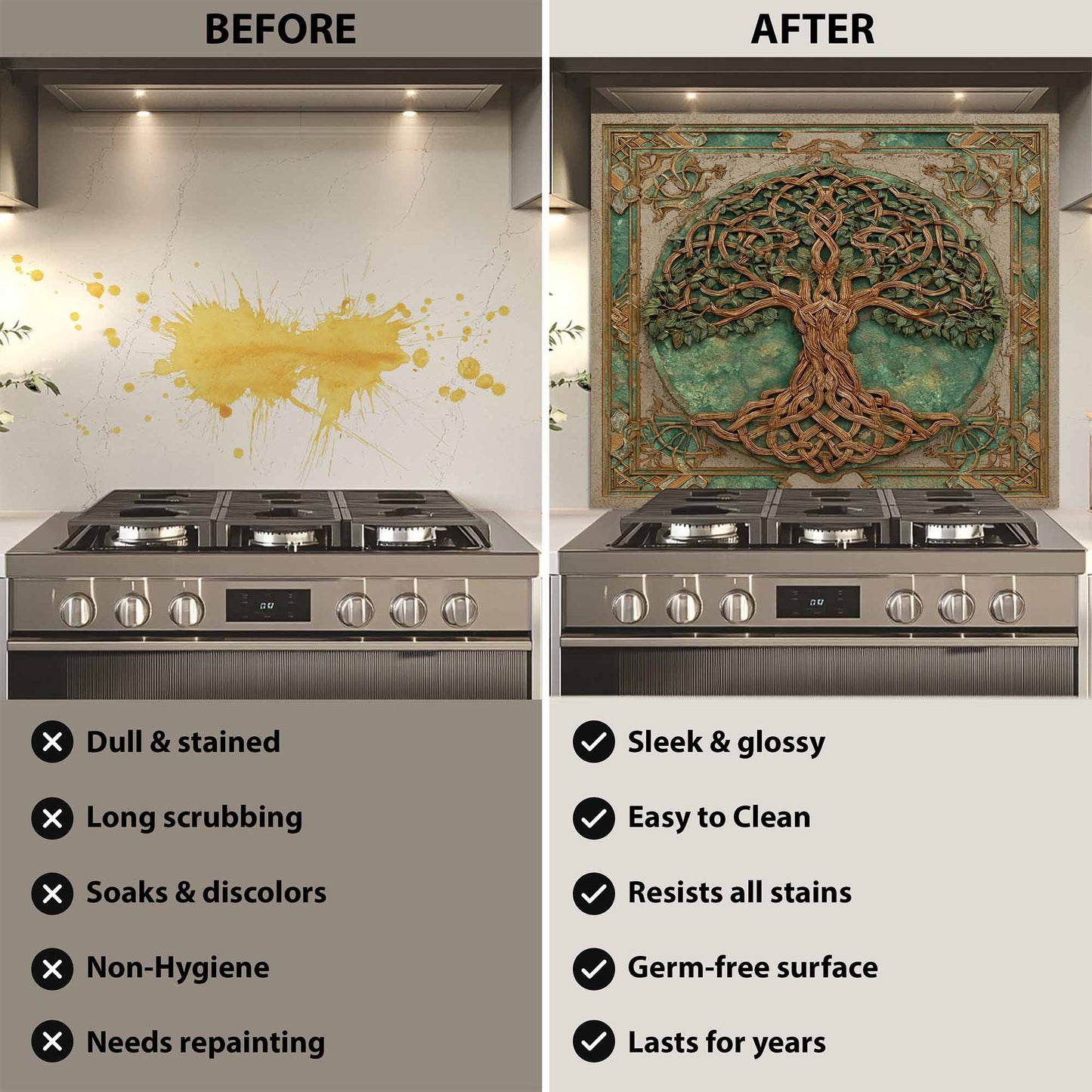 Before and after comparison of a kitchen stove with a decorative backsplash .