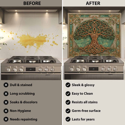 Before and after comparison of a kitchen stove with a decorative backsplash .