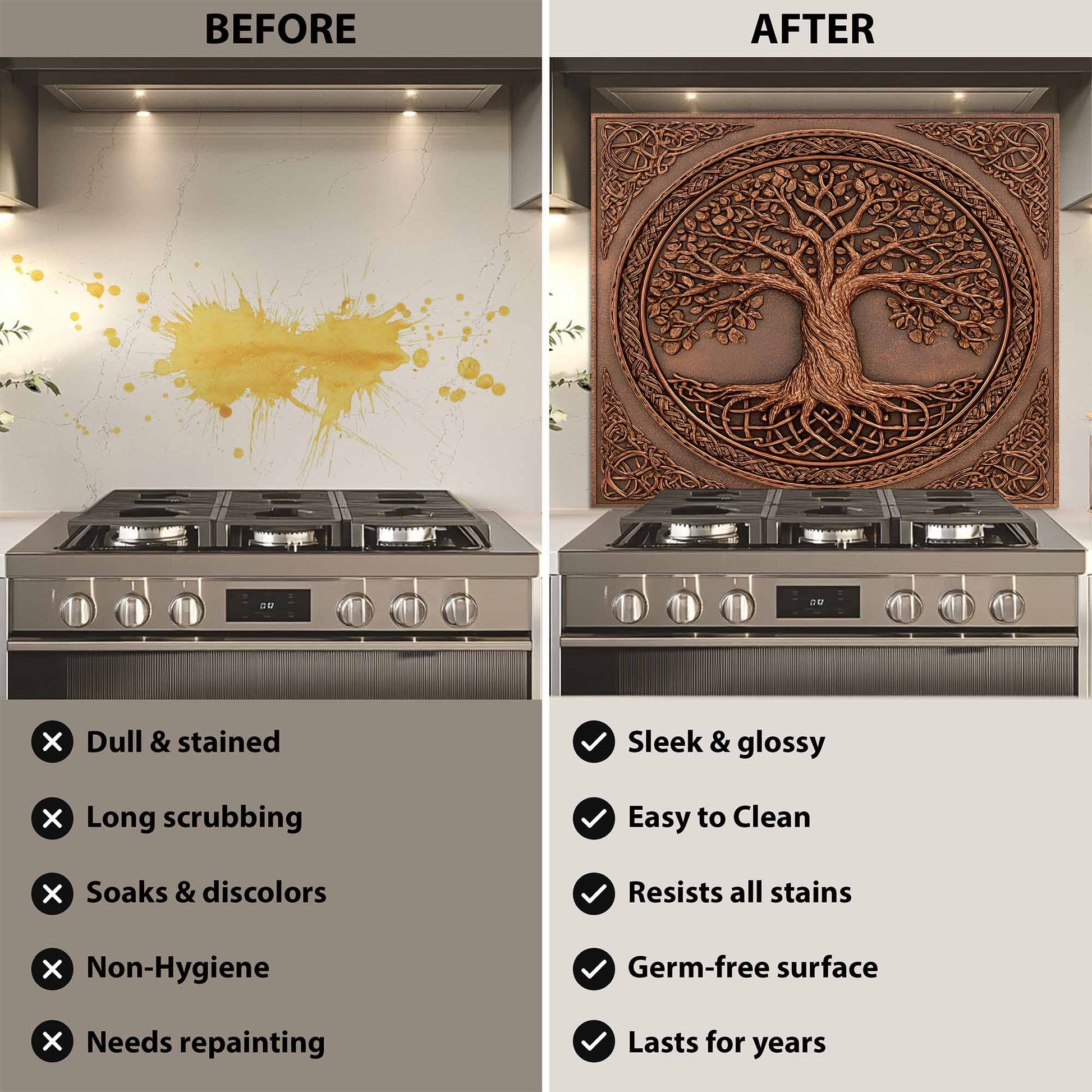 Before and after comparison of a kitchen stove with a decorative glass backsplash.