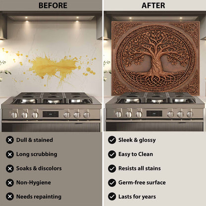 Before and after comparison of a kitchen stove with a decorative glass backsplash.