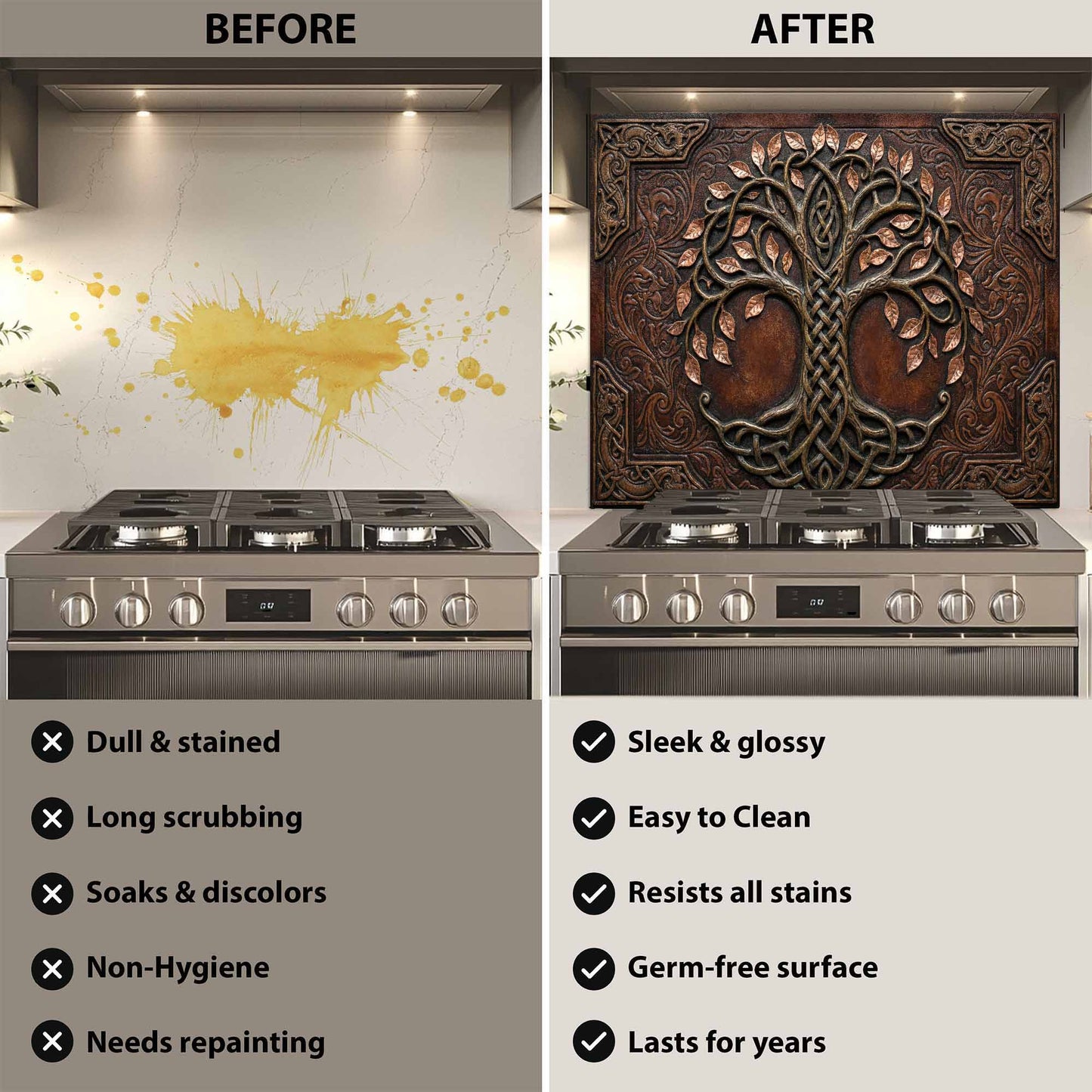 Before and after comparison of a kitchen stove with a decorative glass backsplash.
