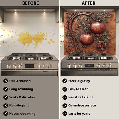 Before and after comparison of a stove with a decorative backsplash.