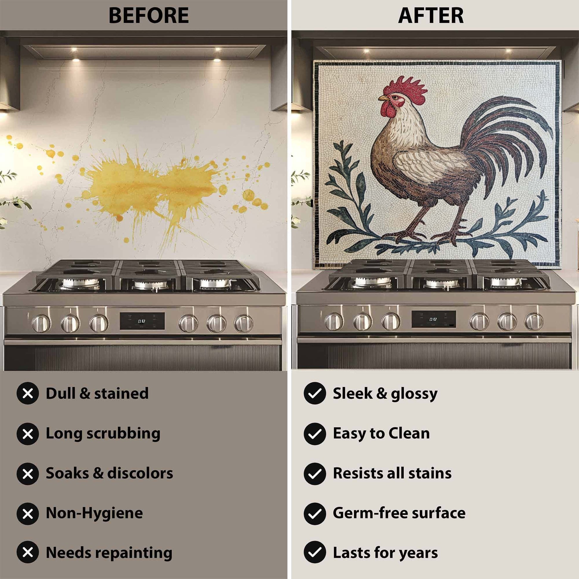 Before and after comparison of a kitchen stove with a decorative glass backsplash.