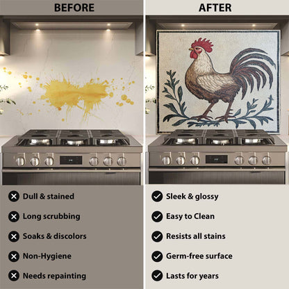 Before and after comparison of a kitchen stove with a decorative glass backsplash.