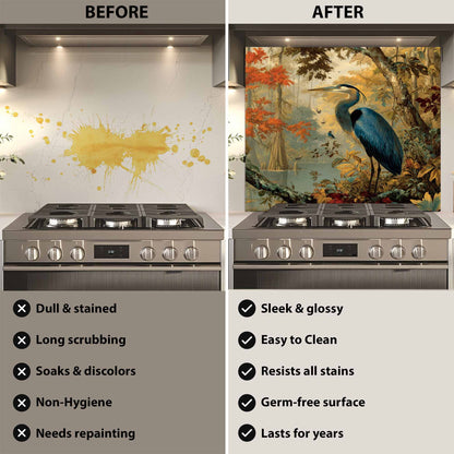 Before and after comparison of a stove with a decorative glass backsplash.