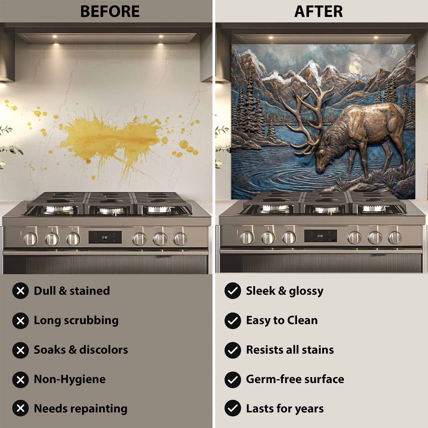 Before and after comparison of a stove with a decorative glass backsplash